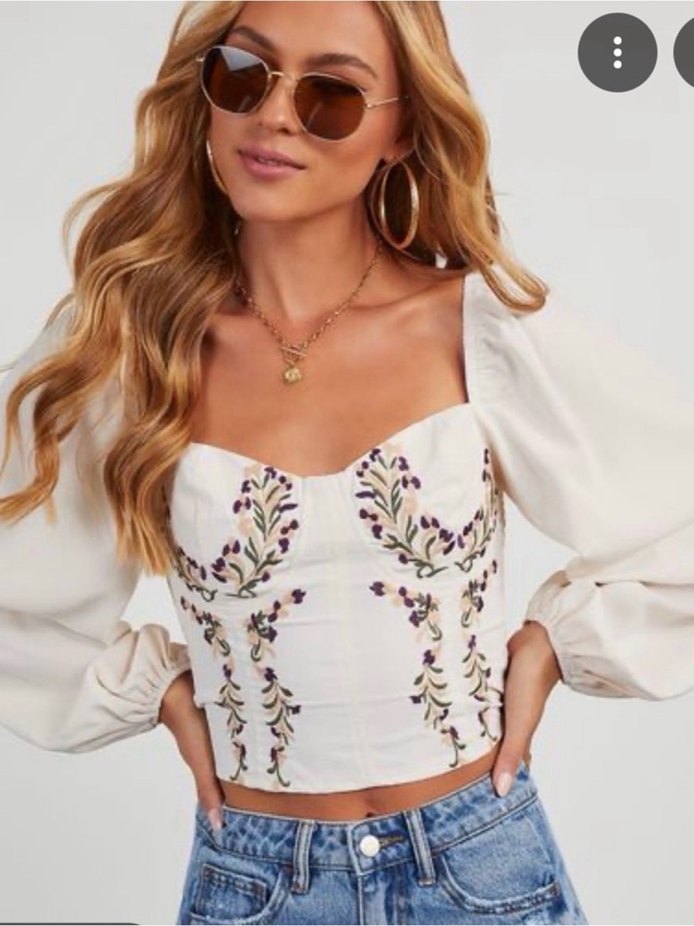 VICI Velia Embroidered Corset Balloon Sleeve Top